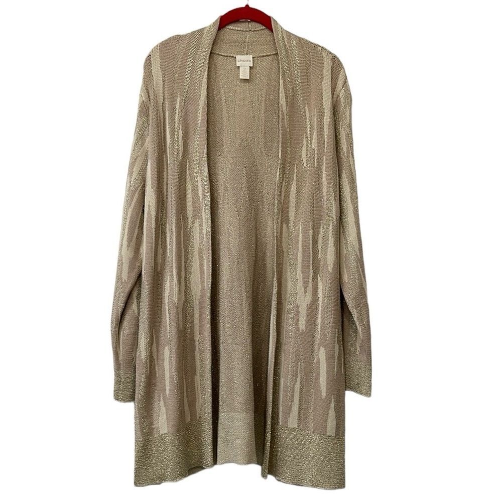 Chicoβs Abstract Pattern Nina Cardigan Gold Size 2 Large Open Front